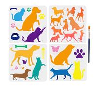 MAYJOYDIY 4 stencil per cani e gatti, 30 x 30 cm, Golden Retriever, bassotto, con pennello, ossa, zampa, farfalla, per legno, tessuto, parete, finestra, fai da te