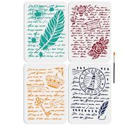 MAYJOYDIY 4 stencil retrò per scrittura francese, 30 x 22 cm, stencil grande con pennello, testo vintage piuma rosa modelli da disegno per artigianato, mobili artistici, legno, tela