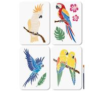 MAYJOYDIY 4 stencil riutilizzabili a forma di pappagallo, per pittura, 21 x 29,7 cm, modelli da disegno con animali, con pennello, per pareti, mobili, pavimenti, carta, tela, album di ritagli