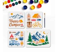 MAYJOYDIY 4 stencil riutilizzabili da campeggio per lavori artigianali, 29,7 x 21/20 x 20 cm, modelli con pennello per pavimenti, pareti, tessuti, mobili