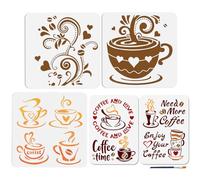 MAYJOYDIY 5 pz. Stencil per Caffè Latte, Stencil per Pittura Coffee Time, 30×30/29.7×21cm, Riutilizzabile Modello per Disegno con Cucchiaio e Tazza, con Pennello, per Pareti, Casa Decorazioni