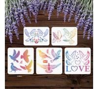 MAYJOYDIY 5 stencil riutilizzabili a forma di piccione con uccelli volanti per dipingere, 2 misure, con testo d'amore, fiori, rami, con pennello, per pareti, mobili, carta, tela, album di ritagli