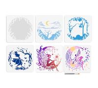 MAYJOYDIY 6 pz. Stencil per Pittura A Forma di Fata Magica, Mandala, Luna, 30×30cm, Modello di Disegno A Strati di Farfalle Della Foresta con Pennello per Finestre, Pareti, Casa Decorazioni