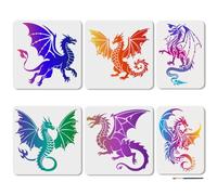 MAYJOYDIY 6 stencil riutilizzabili a forma di drago volante per dipingere creature fantasy mitiche modello di disegno con pennello per mobili da parete, tela, decorazione per album di ritagli