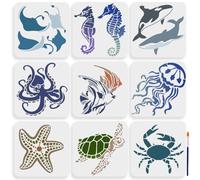 MAYJOYDIY 9 stencil a forma di creature oceaniche, 20 x 20 cm, stencil per pittura con animali marini, con pennello, cavalluccio marino, medusa, polipo, tartaruga, per tela, tessuto, parete, fai da te