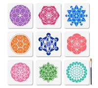 MAYJOYDIY 9 stencil per geometria sacra per fiori 15x15cm cerchio stella poligono riutilizzabile modelli di disegno floreale triangolare con pennello per legno parete tela