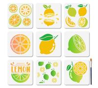 MAYJOYDIY 9 stencil per pittura a forma di limone, 15 x 15 cm, riutilizzabili, per succhi di frutta, acqua fresca, disegno, stencil con pennello, per mobili in legno, pareti e tessuti