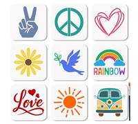MAYJOYDIY 9 stencil riutilizzabili per pittura a mano, motivo pace, amore, arcobaleno, 15 x 15 cm, con pennello, per parete, legno, carta, album, album di ritagli, decorazione
