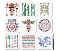 MAYJOYDIY 9 stencil tribali americani per pittura indiana antica, 15 x 15 cm, riutilizzabili, modello da disegno con uccelli sacri con pennello, per lavori artigianali su finestre, pareti in legno