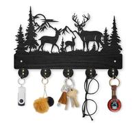 MAYJOYDIY Appendiabiti da parete a forma di cervo, montagna, foresta, 30 x 20 cm, autoadesivo, in legno, motivo animali della foresta, 5 ganci in lega, decorazione artistica da parete nera per