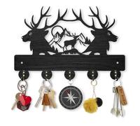 MAYJOYDIY Appendiabiti da parete con cervo e foresta di montagna, 30 x 20 cm, in legno nero, con 5 ganci in lega, decorazione artistica da parete per asciugamani, chiavi, cucina, camera da letto