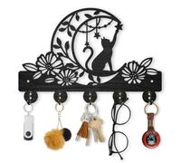 MAYJOYDIY Appendiabiti da parete in legno a forma di gatto, luna, fiore, con animali, luna, stella, decorazione artistica da parete, 30 x 20 cm, 5 ganci in lega, organizer per chiavi, idea regalo,
