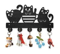 MAYJOYDIY Gancio portachiavi in legno con gatto grasso, montaggio a parete, 30 x 17,3 cm, decorazione da parete a tema animale, appendiabiti nero con 5 ganci in lega per ingresso, camera da letto,