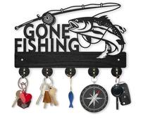 MAYJOYDIY Gone Fishing Portachiavi da parete 30 × 20 cm, portachiavi a forma di pesce, organizer da parete, 5 ganci in lega, decorazione artistica da parete in legno nero, per ingresso, porta