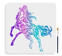 MAYJOYDIY Grande stencil a forma di cavallo, 30 x 30 cm, quadrato, mandala, con pennello, riutilizzabile, modelli da disegno di cavalli in esecuzione, per artigianato, arte da parete, mobili, legno,