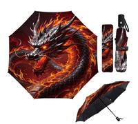 MAYJOYDIY Ombrello pieghevole automatico Drago di fuoco 107cm Ombrello da viaggio antivento Drago malvagio Fiamme rosse Ombrelli compatti per donne uomini Protezione dalla pioggia del sole