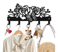 MAYJOYDIY Portachiavi a forma di farfalla con rose, montaggio a parete, 12 x 25 cm, con fiore di mezzanotte, in metallo, con 5 ganci, estetico, nero, decorativo, per ingresso, corridoio, cucina,