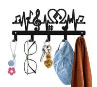 MAYJOYDIY Portachiavi con note musicali ECG, supporto da parete 25 × 11 cm, battito cardiaco, gancio per asciugamani in metallo con 5 ganci, decorazione da parete nera, portachiavi per ingresso,