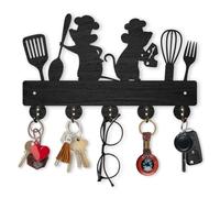 MAYJOYDIY Portachiavi da parete per mouse da cucina, 30 x 18,4 cm, 2 topi, spatola, cucchiaio, forchetta, ganci per chiavi da parete, 5 ganci in lega, portachiavi in legno nero, per decorazione