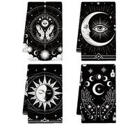 MAYJOYDIY Set di 4 strofinacci da cucina con mappa dei tarocchi, 66 x 45 cm, nero, astrologia, in microfibra, con luna, stelle, sole, teschio, occhio, motivo occulto, per la pulizia della cucina