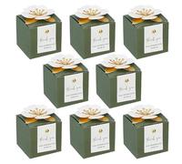 MAYJOYDIY Set di 50 scatole per bomboniere, colore verde scuro, con decorazione floreale, pieghevoli, in carta, 6,5 x 6,5 x 6,3 cm, etichette bianche di ringraziamento, confezioni regalo per matrimoni