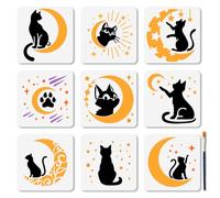 MAYJOYDIY Set di 9 stencil a forma di gatto sulla luna, 15 x 15 cm, stencil riutilizzabili per pittura su mobili in legno, decorazione da parete su tela
