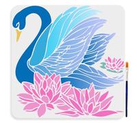 MAYJOYDIY Stencil a forma di fiore di loto con cigno 30 x 30 cm, stencil grandi con pennello per vernice, motivo fiori di loto, fiori di loto, acqua, uccelli, per tela, parete, legno, fai da te,