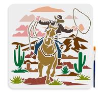 MAYJOYDIY Stencil con cowboy al tramonto, 30 x 30 cm, stencil grandi con pennello per vernice, riutilizzabile, modello per cactus del deserto, cavalli, per mobili, finestre, legno, piastrelle, tela,