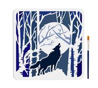 MAYJOYDIY Stencil con lupo ululante e foresta con luna piena, 30 x 30 cm, con pennello, riutilizzabile, stencil con animali selvatici, fai da te, decorazione da parete, legno, tela, decorazione per la