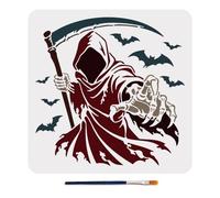 MAYJOYDIY Stencil con triste mietitore, stencil per pittura, 30 x 30 cm, riutilizzabile, motivo pipistrelli, teschi, con pennello, per decorare la casa in legno