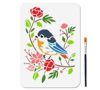MAYJOYDIY Stencil formato A4 con ramo di uccello, fiore, foglia, uccello, con pennello, 29,7 x 21 cm, modello di arte botanica con animali, riutilizzabile, per pareti in legno, tessuto, decorazione