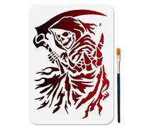 MAYJOYDIY Stencil per pittura a forma di falce della morte, 30 x 21 cm, riutilizzabile, con teschio, mantello, modelli da disegno, con pennello, per lavori fai da te su pareti in legno, decorazioni