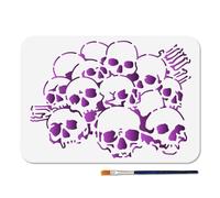 MAYJOYDIY Stencil per pittura a forma di teschio, formato A4, con pennello, 29,7 x 21 cm, riutilizzabile, per Halloween, arte, plastica, per legno, tessuto, parete, finestra, fai da te