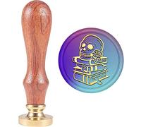 MAYJOYDIY Timbro per ceralacca a forma di teschio, per Halloween, motivo libro, 30 mm, testa in ottone con manico in legno, per biglietti, buste, inviti, confezioni di vino