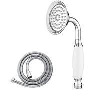 Maynosi Soffione doccia classica, doccetta a mano, stile telefono, stile tradizionale, con manico in ceramica, doccetta vittoriana con tubo da 1,5 m, cromato (ceramica bianca)