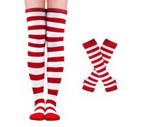 Mayoii Calzini Alti Donna E Guanti Senza Dita Set,Calzini Alti Sopra il Ginocchio per Donne, Scaldabraccia, Scaldamuscoli, Calzini Lunghi a Righe Accessori natalizi di Halloween