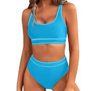 Mayoii Costume da bagno da donna a 2 pezzi, a vita alta, con slip imbottito push-up e controllo della pancia, costumi da bagno, Blu, XL