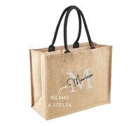 MAYRA Borsa Personalizzabile in Juta Laminata | Tote Bag Shopper per Mare, Spesa, Multiuso | Pochette in Iuta Naturale | Personalizzato con Ricamo Nome, Logo | Design Made in Italy (S, Nero)