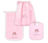 MAYRA Set Asilo Nido e Materna Personalizzato | Kit Bavaglino con Elastico o Laccetti, Asciugamano con Asola e Sacchetto Cambio | Ricamo Nome e Disegno | Made in Italy (Rosa, Set Asilo Nido)