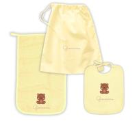 MAYRA Set Asilo Nido e Materna Personalizzato | Kit Bavaglino con Elastico o Laccetti, Asciugamano con Asola e Sacchetto Cambio | Ricamo Nome e Disegno | Made in Italy (Giallo, Set Asilo Nido)