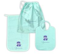 MAYRA Set Asilo Nido e Materna Personalizzato per Bambino e Bambina | Kit Bavaglino con Elastico o Laccetti, Asciugamano con Asola e Sacchetto Cambio | Ricamo Nome e Disegno | Made in Italy