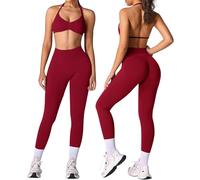 MAYROUND Set da palestra da donna, 2 pezzi, con reggiseno sportivo e leggings scrunch, senza cuciture, per yoga, Rosso, M