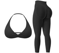 MAYROUND Set da palestra da donna, 2 pezzi, con reggiseno sportivo e leggings scrunch, senza cuciture, per yoga, Nero , M