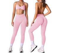MAYROUND Set da palestra da donna, 2 pezzi, con reggiseno sportivo e leggings scrunch, senza cuciture, per yoga, rosa, M