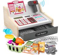 maysida Cassa Giocattolo in Legno con Scanner e Suoni per Bambini 3-5 Anni, Set Negozio con Monete, Carte, Carrello e Cibo Natale o Compleanno