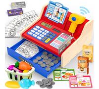 maysida Cassa Giocattolo per Bambini con Scanner e Suono per 3-5 Anni, cassa giocattolo legno con Denaro Finto/Monete/Carta di Pagamento/Cestino della Spesa, supermercato giocattolo per bambini (Blu)