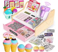 maysida Registratore di cassa per bambini in legno con scanner e suono, per bambini da 3 a 5 anni, giocattolo con scanner, soldi di gioco, monete, carta di credito, cestino per la spesa, accessori