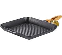 Maysternya Bistecchiera in ghisa con manico in legno - 28 x 28 x 4 cm - Bistecchiera - Griglia - Padella in ghisa per tutte le fonti di calore - Cottura - Set di padelle - Senza PFAS - Nero