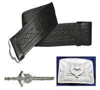 Maze Cintura da kilt in pelle, fibbia e spilla da kilt, set di accessori da 3 pezzi, Nero goffrato con fibbia a cardo e spilla da kilt, Size 36 - 42 inches