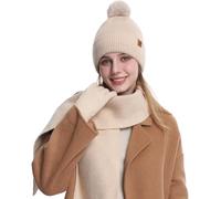 MAZELIKEHOOD Set Sciarpa Cappello Guanti Donna Inverno Caldo Cappello di Bobble con Sciarpa a Maglia e Guanti Tessuto Morbido e Comodo Moda Accessori Invernale Ideale per Regalo di Natale